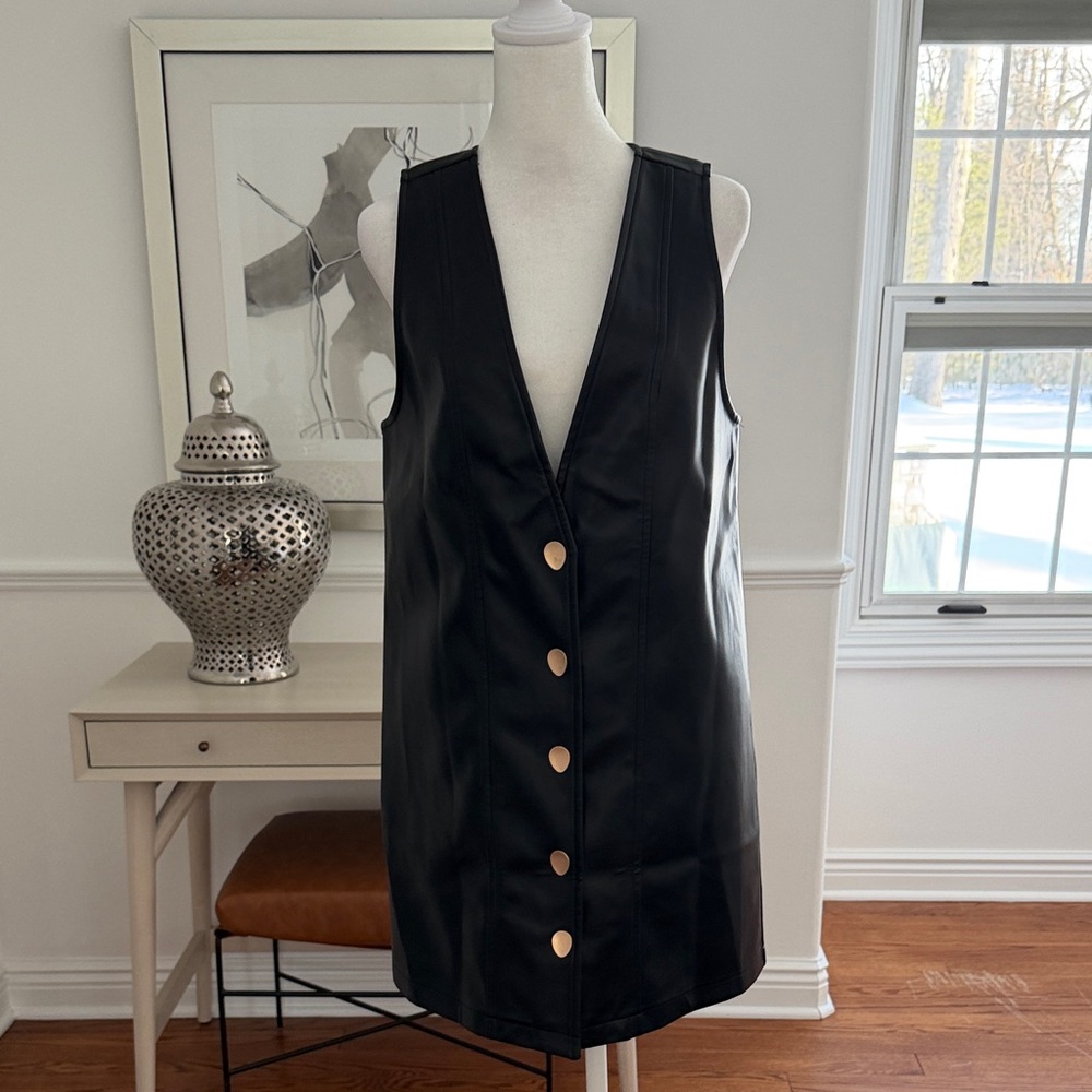 Women's Black Faux Leather Button-Front Vest Dress
